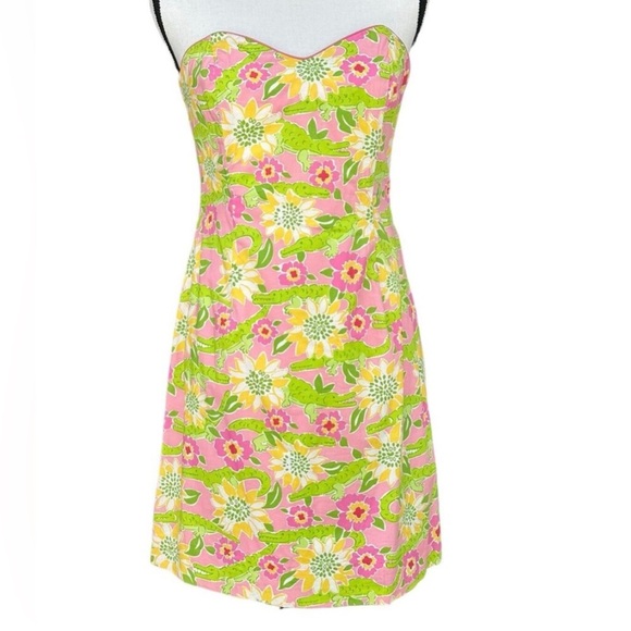Lilly Pulitzer Women's Size 8 Strapless Dress Alligator Floral Print Pink Green - Picture 1 of 4